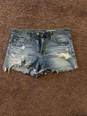 AG Adriano Goldschmied Distressed Light Blue Denim Cutoff Shorts